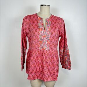 Liza Byrd Pink Cotton Lurex Block Print Tunic Top Boho Floral Sparkle Medium NWT
